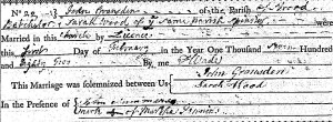 John Gransden and Sarah Wood marriage registration.