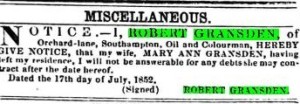 Separation of Robert and Mary Ann nee Stone, Gransden. Hampshire Advertiser and Sailsbury Guardian Sat July 17, 1852.