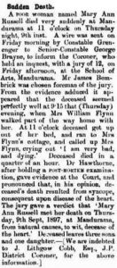 1897 'Sudden Death.', The Carcoar Chronicle (NSW : 1878 - 1943), 17 September, p. 2. , viewed 05 Oct 2016, http://nla.gov.au/nla.news-article112523919